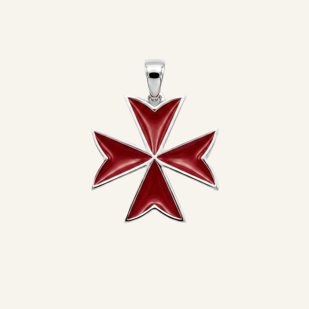 Silver 925 - Maltese Cross Red Pendant - Rhodium Plated