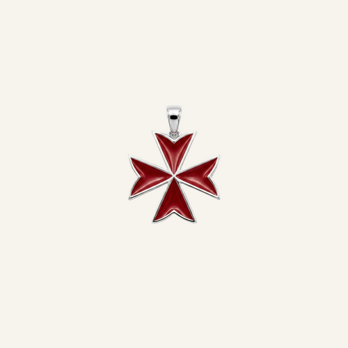 Silver 925 - Maltese Cross Red Pendant - Rhodium Plated