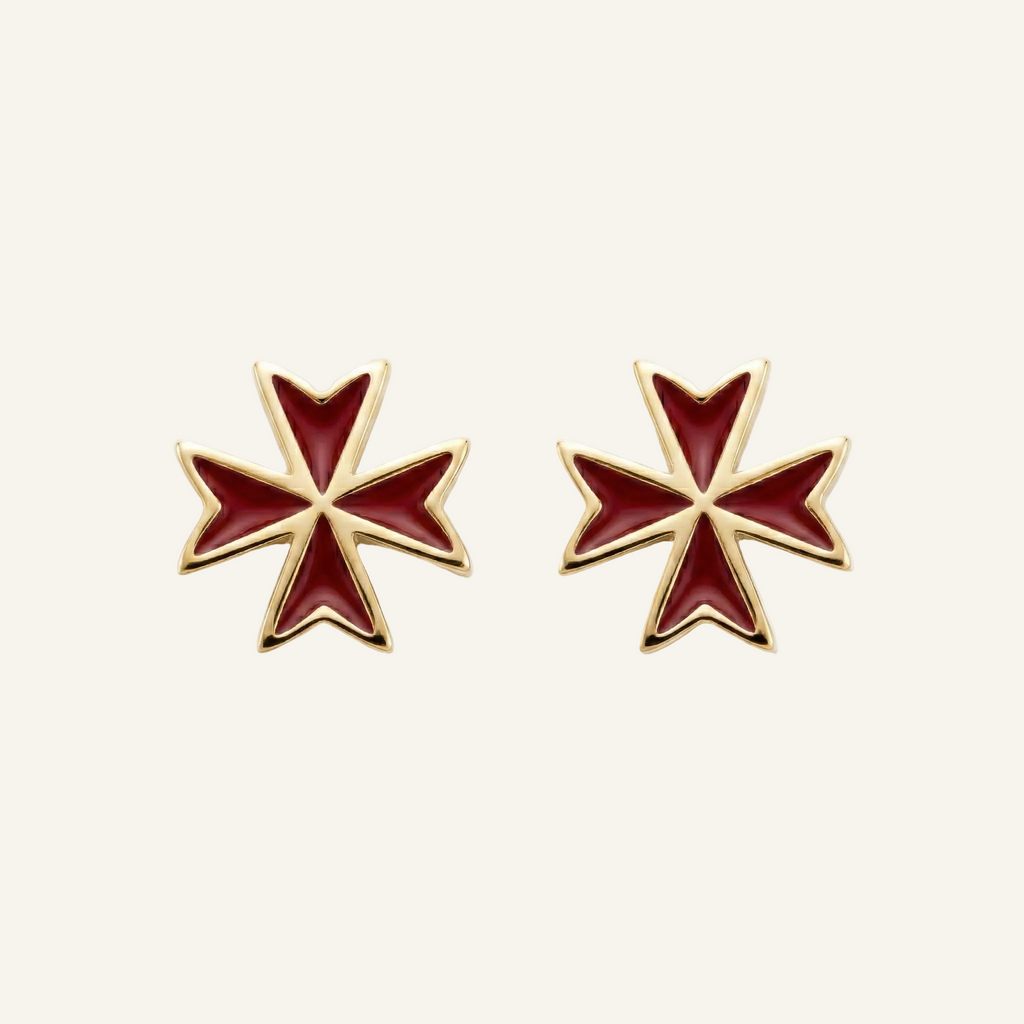 Silver 925 - Maltese Cross Red Earrings - Gold Plated