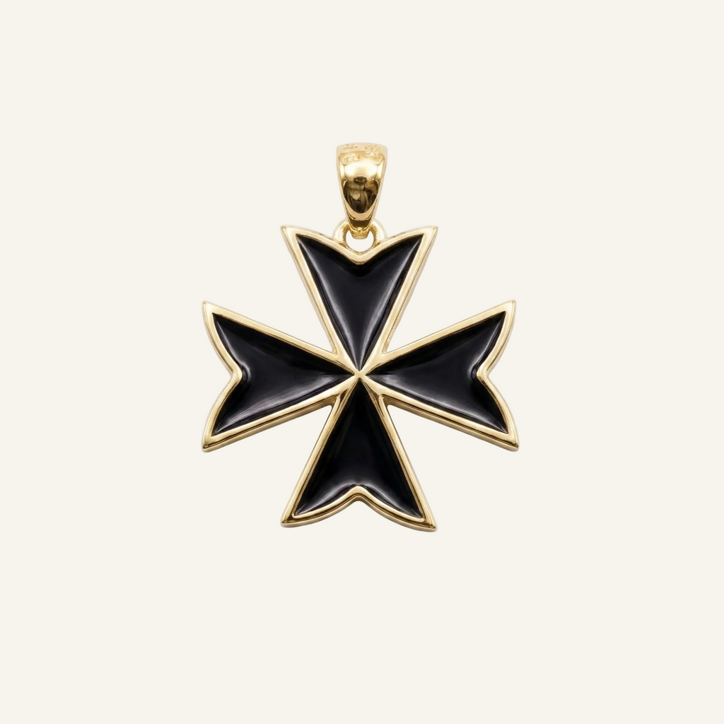 Silver 925 - Maltese Cross Black Pendant - Gold Plated
