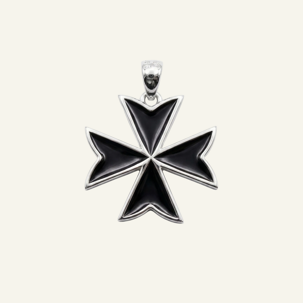 Silver 925 - Maltese Cross Black Pendant - Rhodium Plated