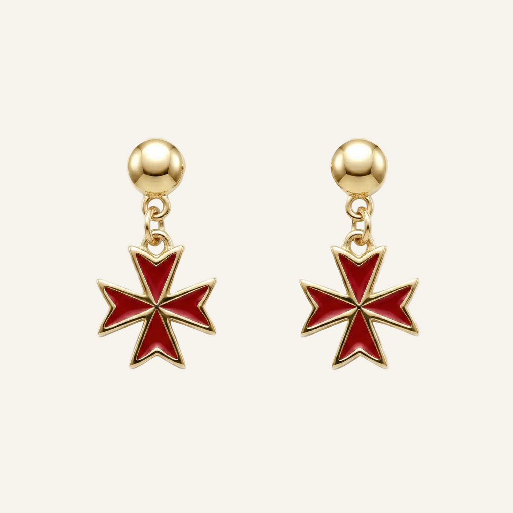 Silver 925 - Maltese Cross Red Earrings - Gold Plated