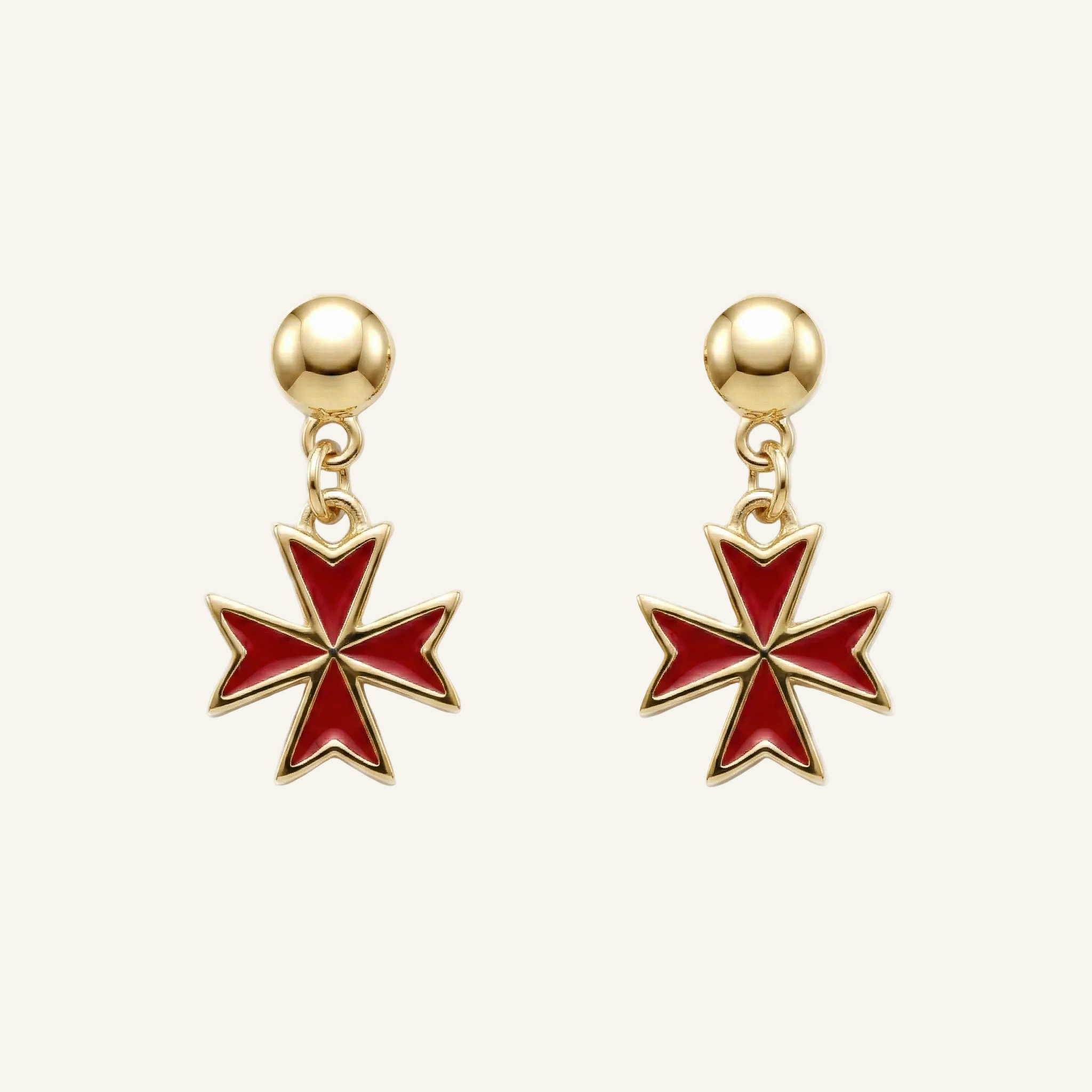 Silver 925 - Maltese Cross Red Earrings - Gold Plated