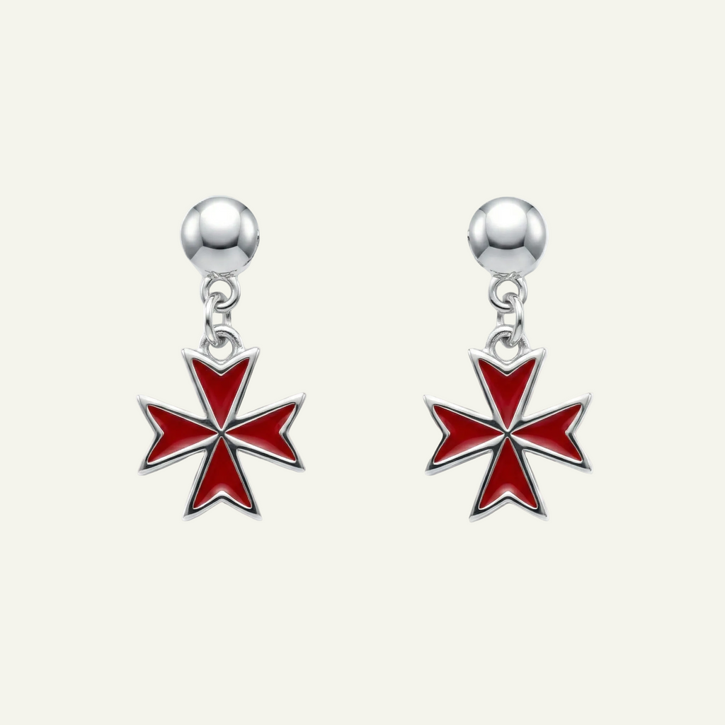 Silver 925 - Maltese Cross Red Earrings - Rhodium Plated