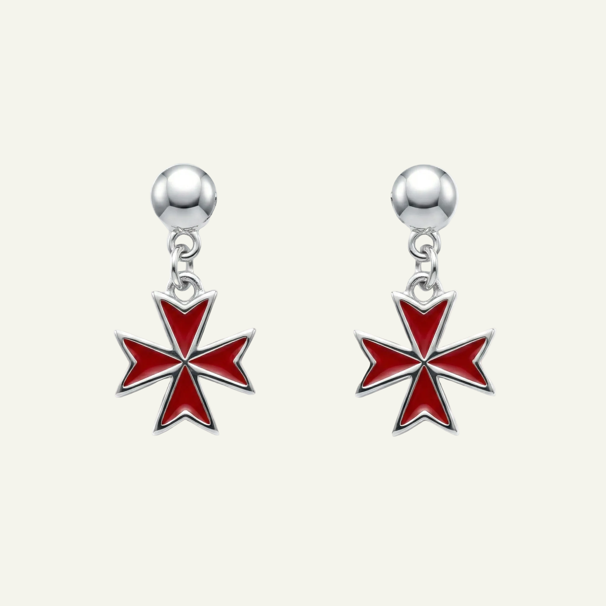 Silver 925 - Maltese Cross Red Earrings - Rhodium Plated