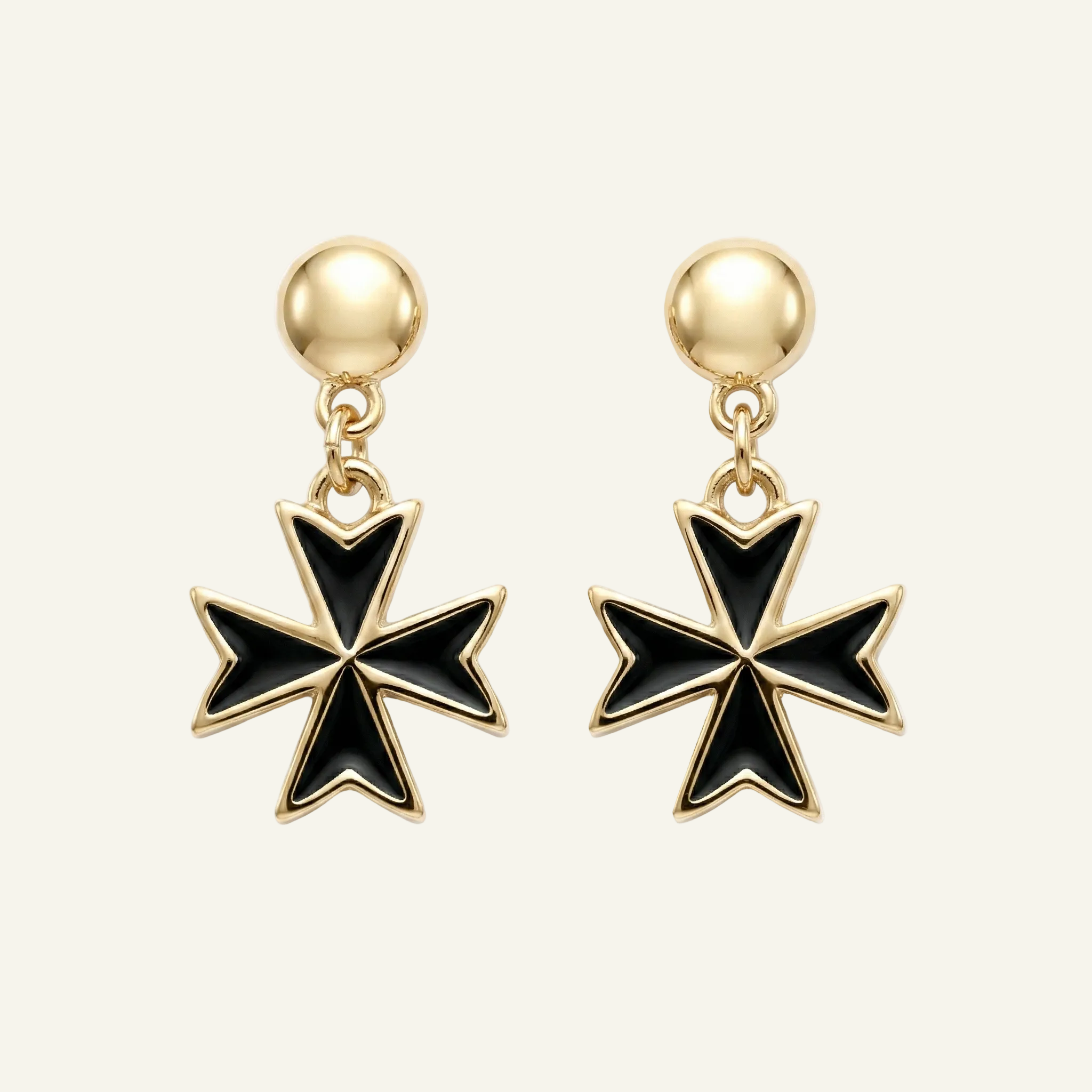 Silver 925 - Maltese Cross Black Earrings - Gold Plated
