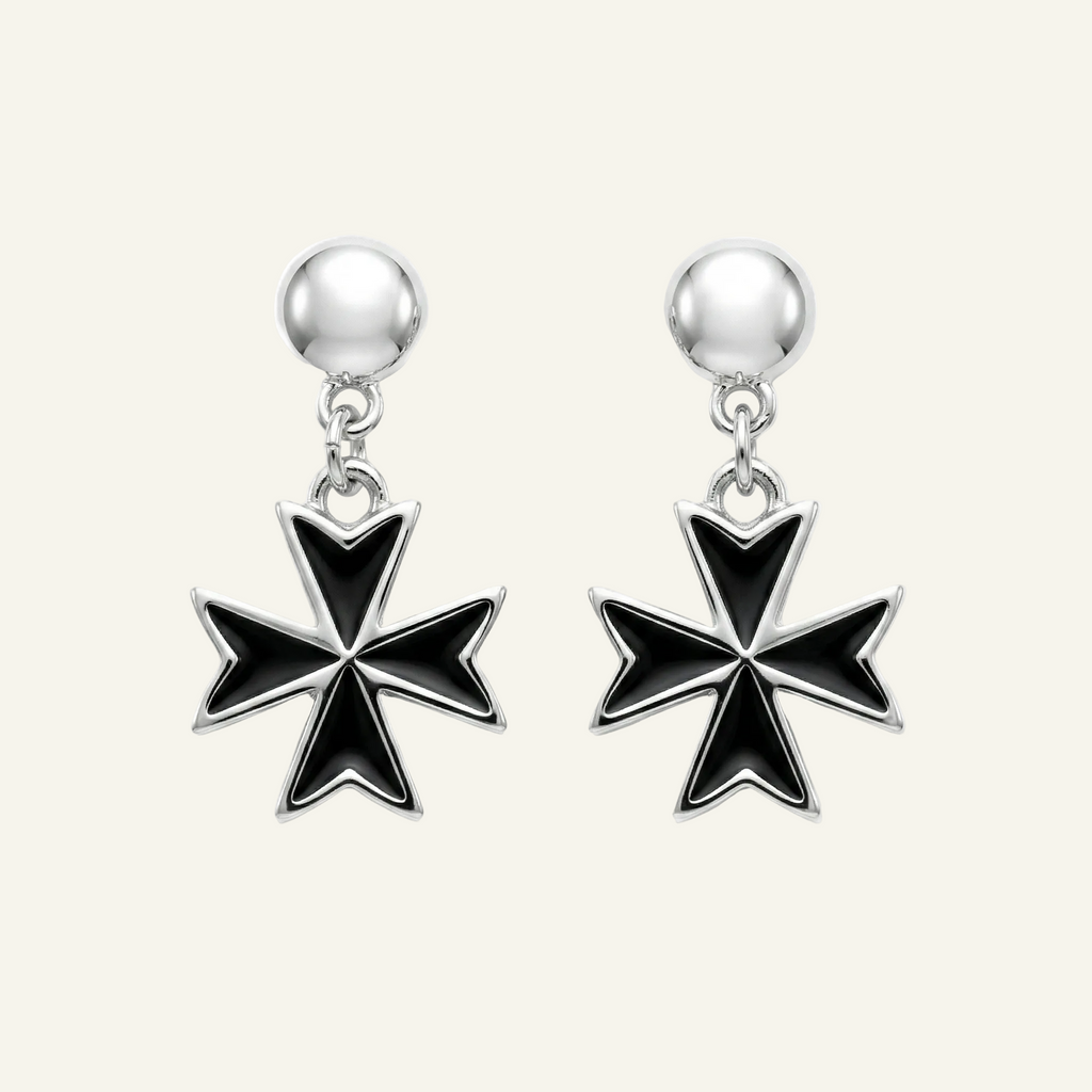Silver 925 - Maltese Cross Black Earrings - Rhodium Plated