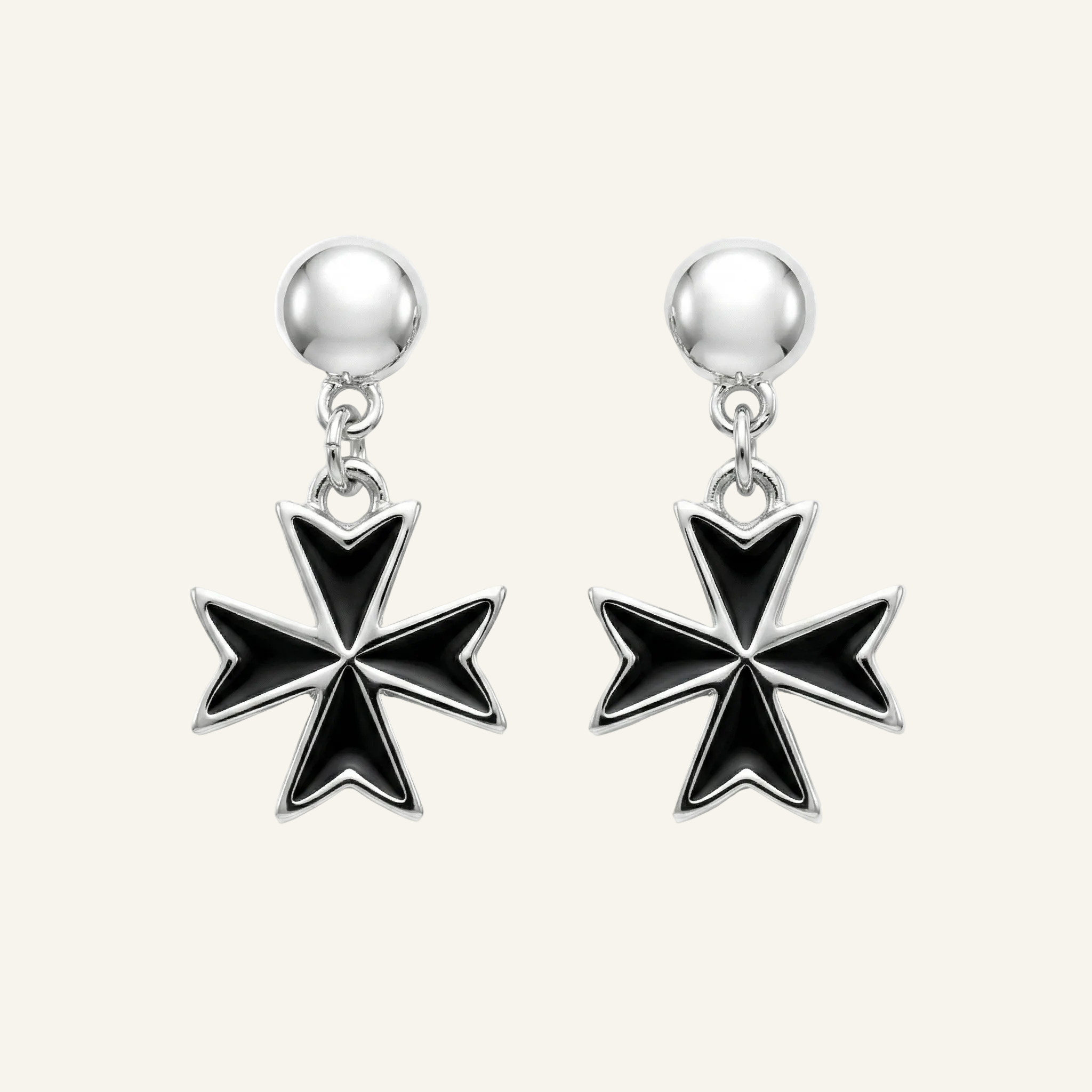 Silver 925 - Maltese Cross Black Earrings - Rhodium Plated