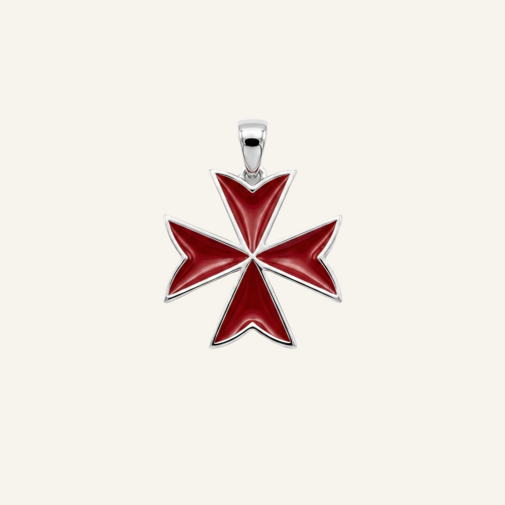 Silver 925 - Maltese Cross Red Pendant - Rhodium Plated