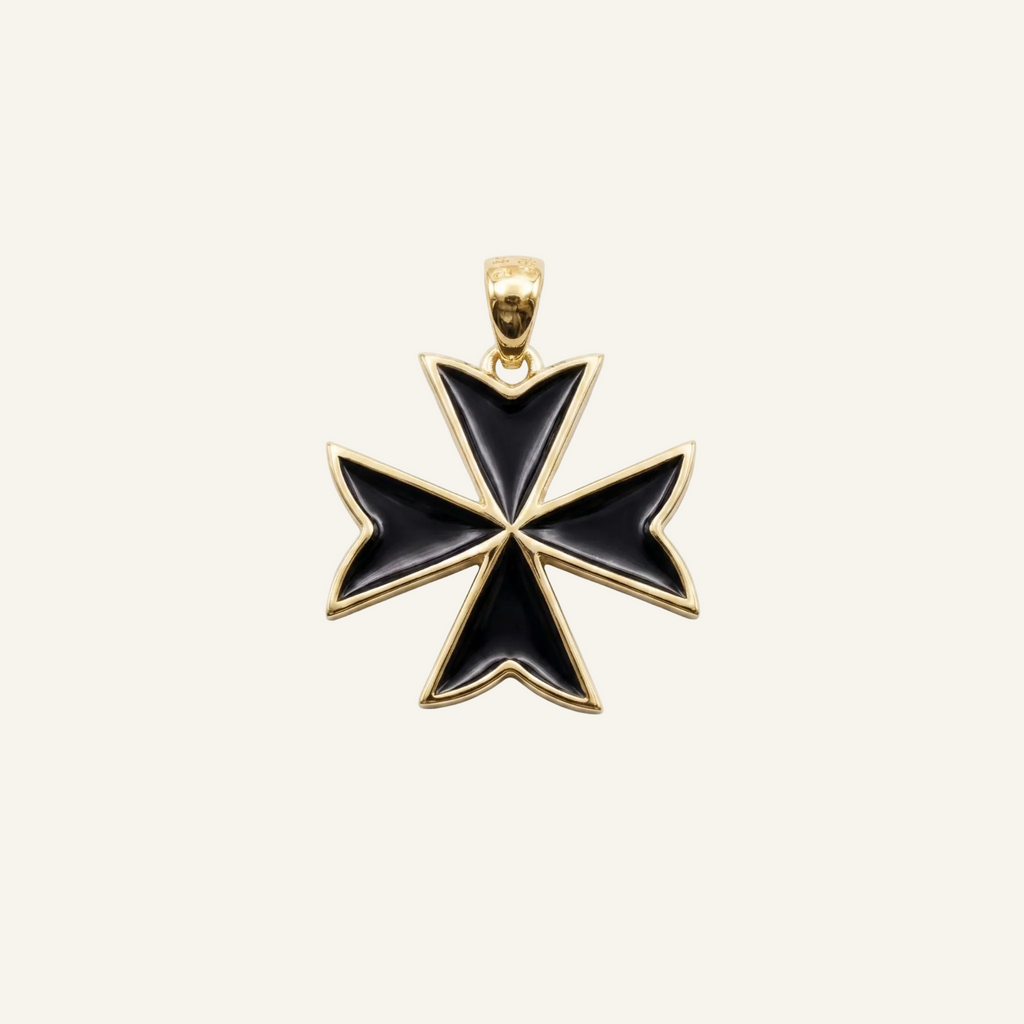 Silver 925 - Maltese Cross Black Pendant - Gold Plated