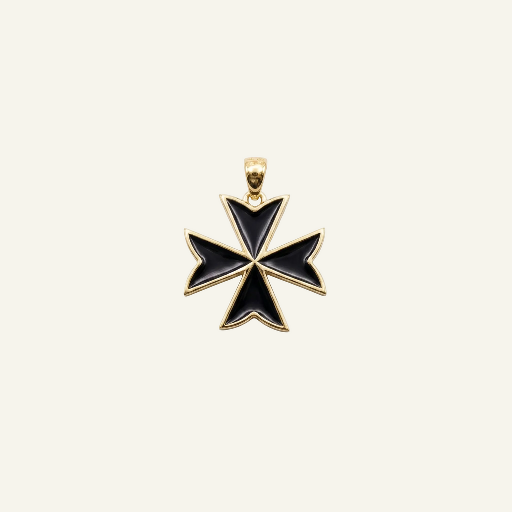 Silver 925 - Maltese Cross Black Pendant - Gold Plated