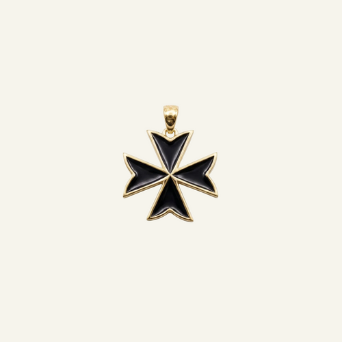 Silver 925 - Maltese Cross Black Pendant - Gold Plated